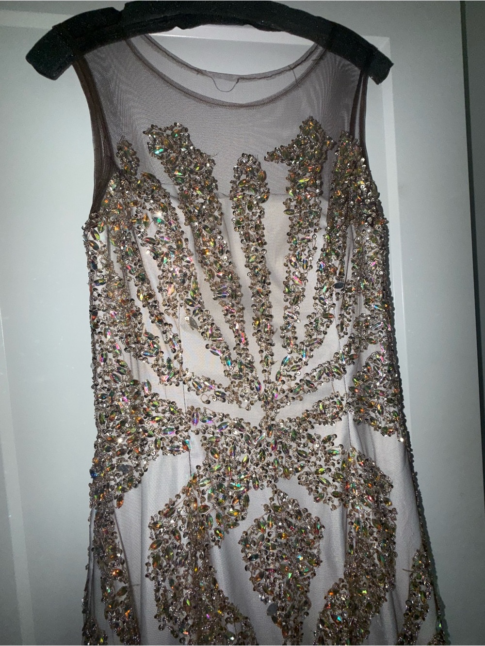 Terani Couture Sheer Nude Evening Gown with Crystal Embellishment